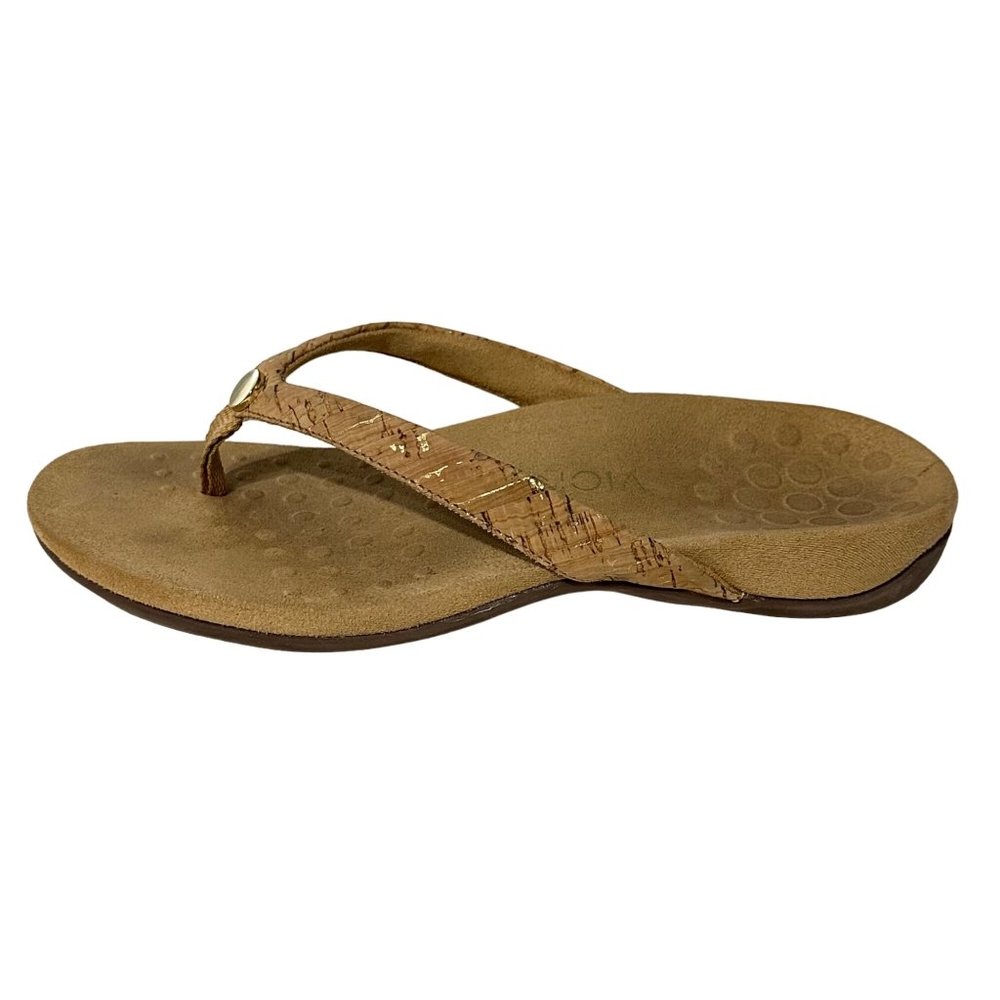 Vionic Mona  sz 8 cork design gold button accent orthotic toe post flip flops